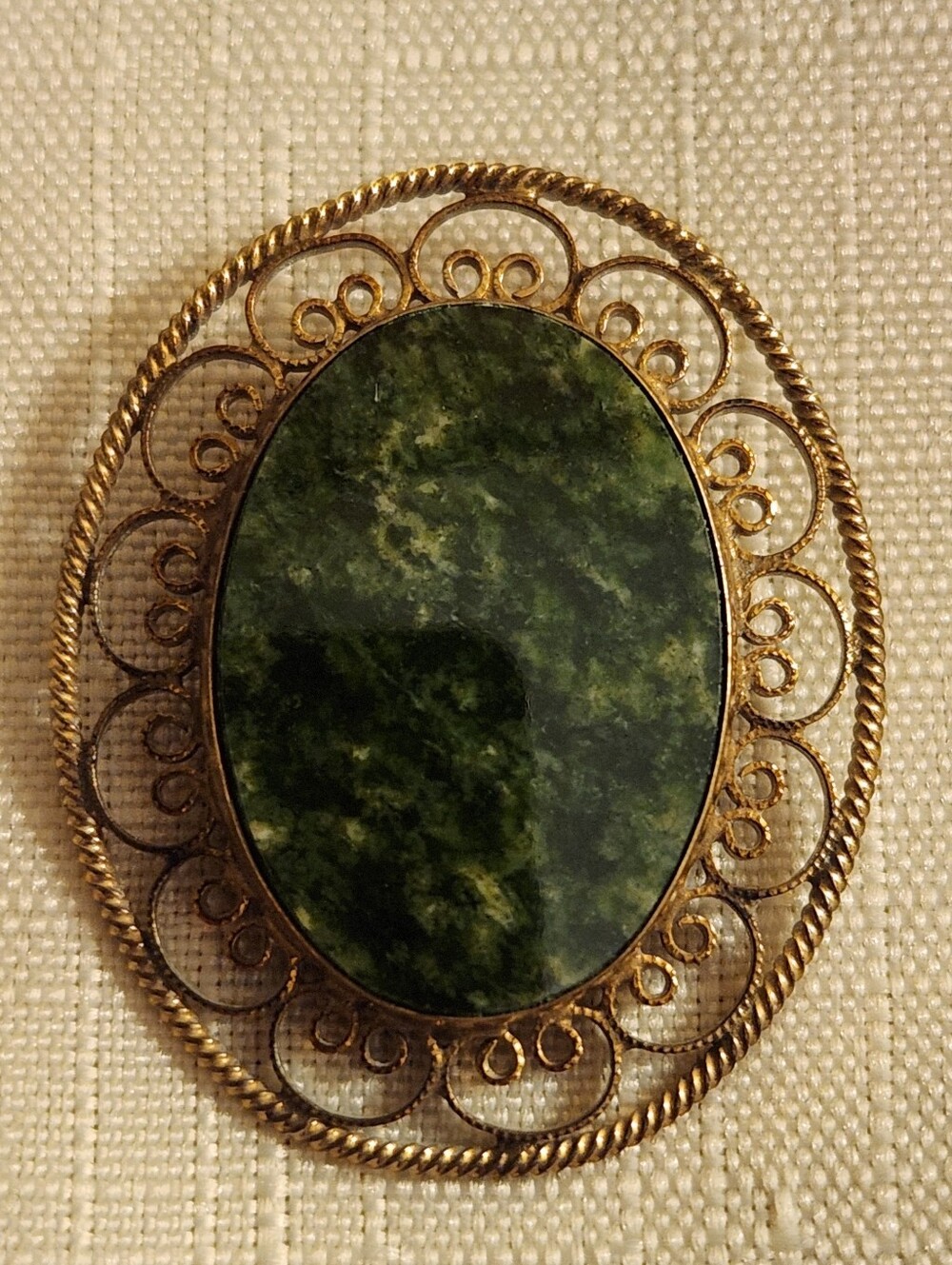 1960s Faux Jade Oval Gold Tone Pin 12K GF